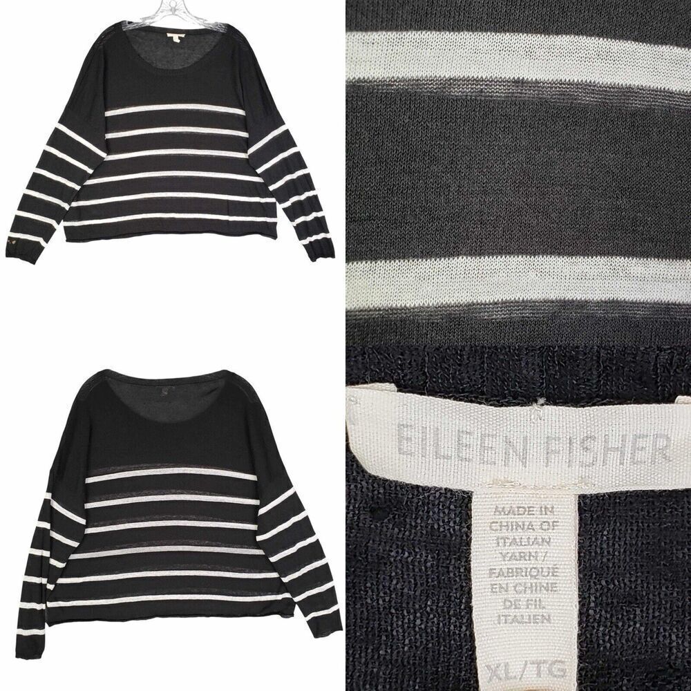 Eileen Fisher Sweater Womens Linen Size XL White Black Stripe Long Sleeve